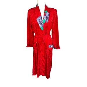 Vintage Kathryn Satin Red Robe Floral Kimono Wrap Robe Size Medium Tie Belt